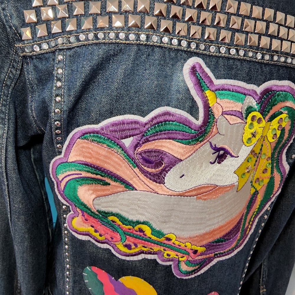 Upcycled Unicorn Patch Jean Jacket Studs Rhinston… - image 5